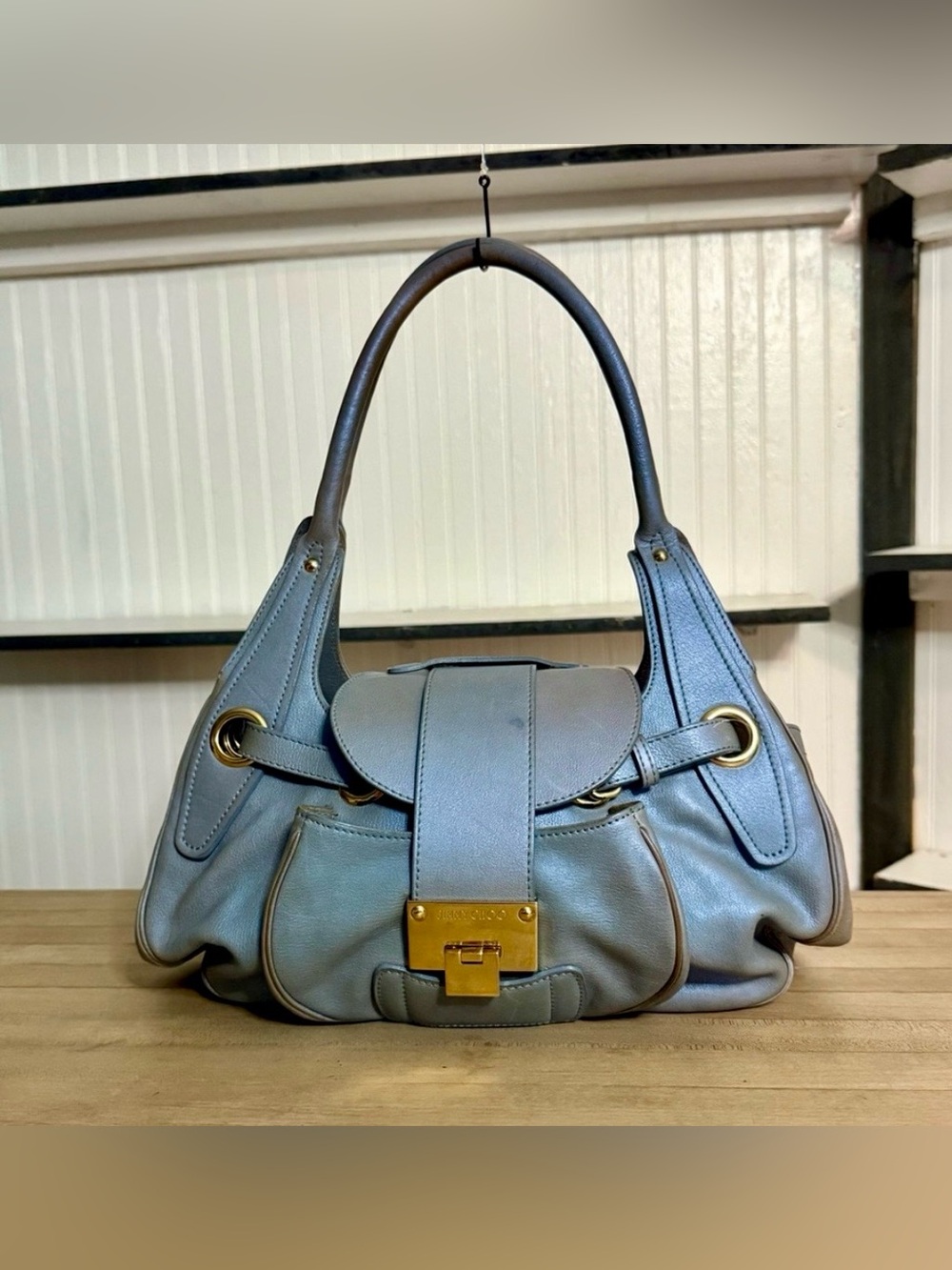 Jimmy Choo Metallic Blue Leather Satchel Bag